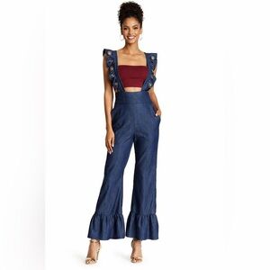 Casual TOV LOS ANGELES Stylish Denim Jumpsuit with Ruffle Silver Rings Details L